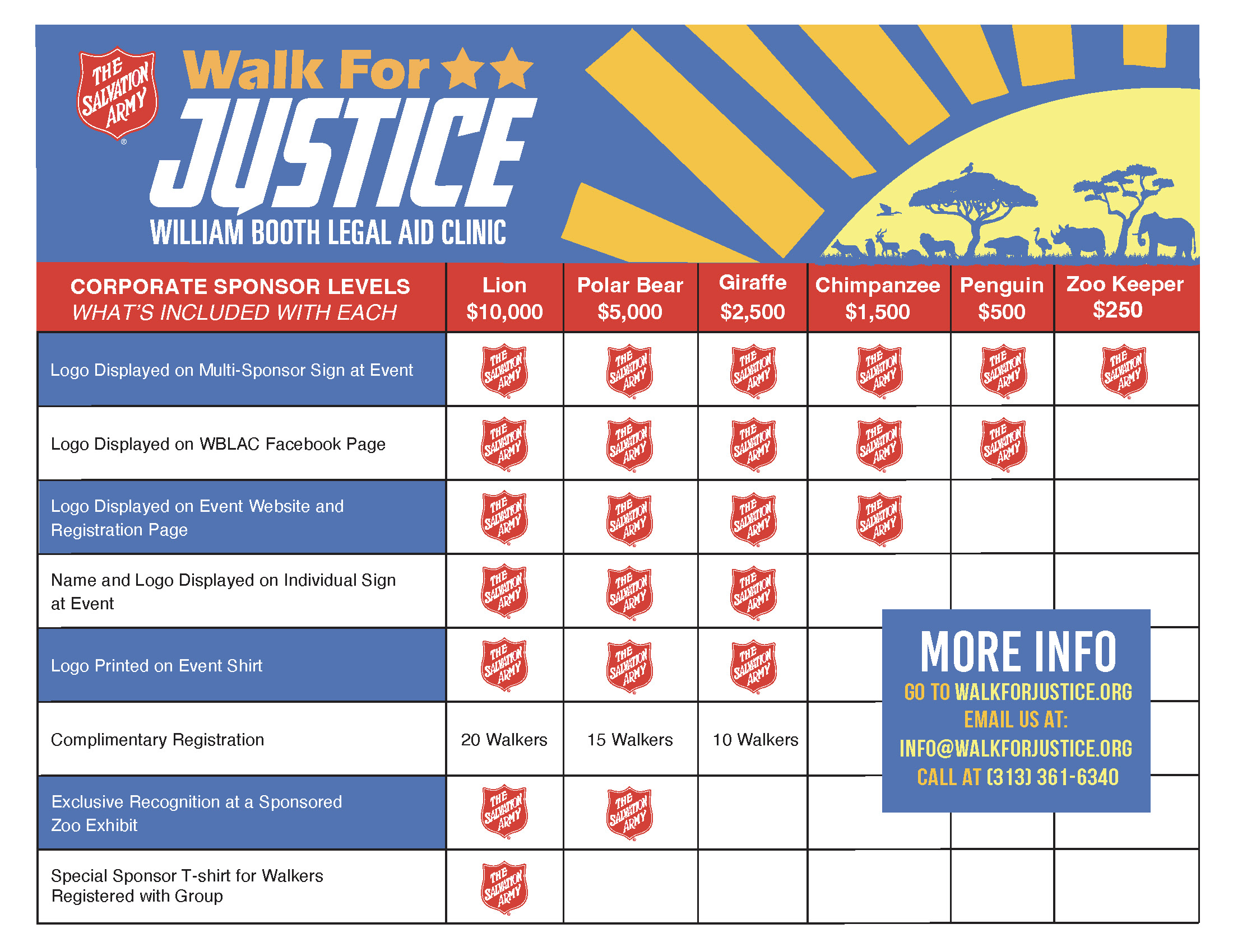 a chart outlining sponsorship levels for the 2026 Walk for Justice