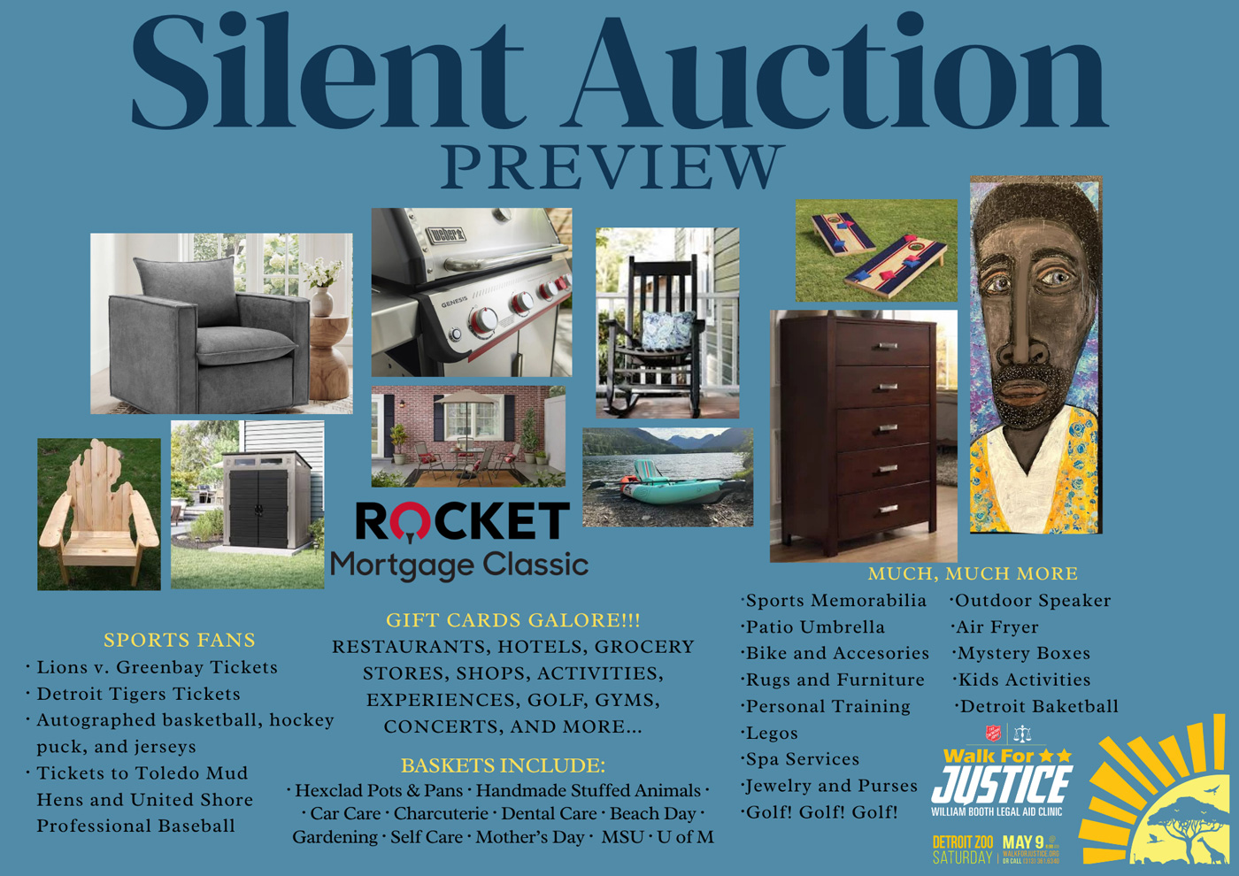 a preview of the items available at the 2026 Walk For Justice silent auction